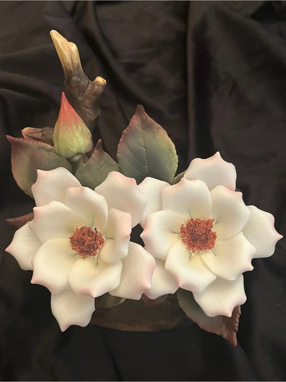 Vintage Porcelain Magnolia Flower Music Box Tree Stump Floral Figurine